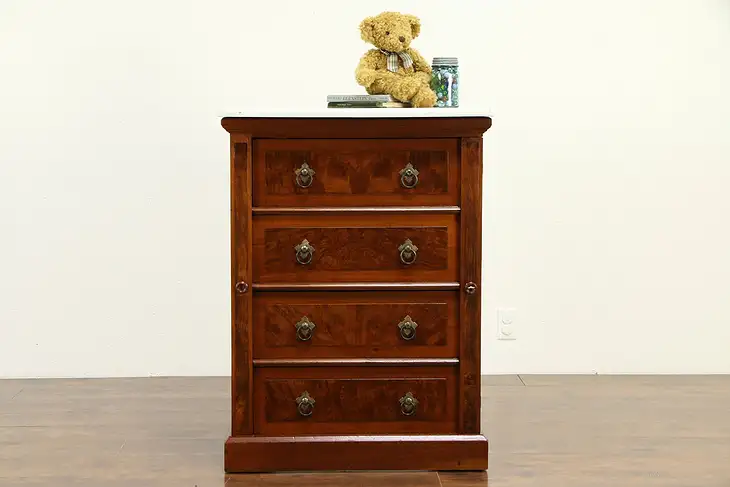 Victorian Antique 1880 Walnut & Burl Side Lock Chest, Marble Top #33089