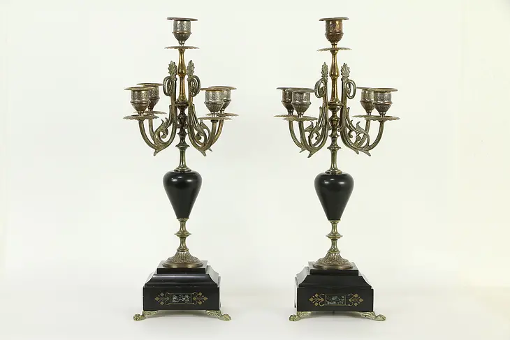 Pair of Antique French 5 Light Candelabra, Marble Bases  #33115