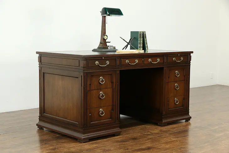 Sligh Vintage Library Desk, Fruitwood & Tooled Leather, 2 File Drawers #33181