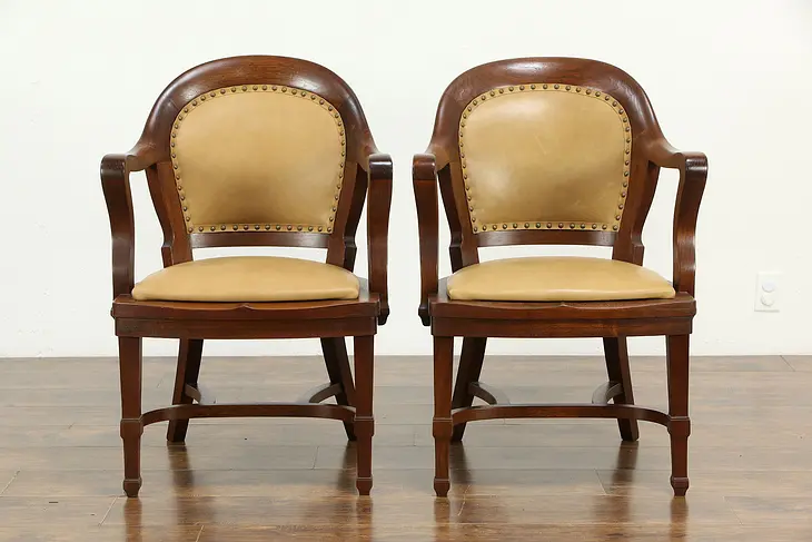 Pair of Antique Walnut Banker Chairs, New Leather, Becker #33192