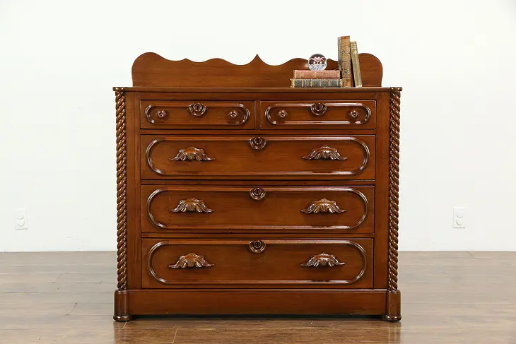 Victorian Antique Walnut Chest or Dresser, Carved Pulls #33215