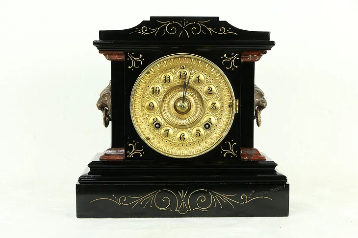 Victorian Antique Cast Iron Clock Ansonia NY Pat 1882  #33236