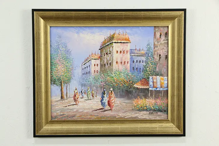 Flower Market Scene, Original Oil Painting, Gold Leaf Frame, Davis #33288