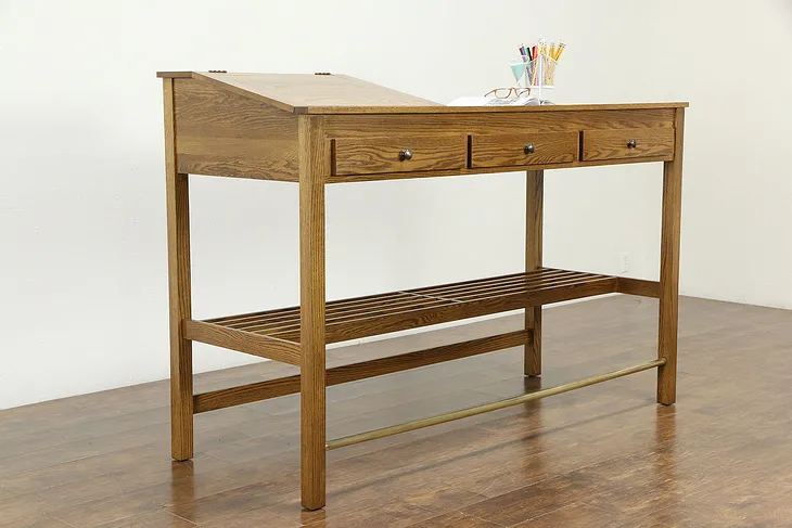 Craftsman Style Vintage Oak Stand Up Desk, 3 Drawers, Signed #33314