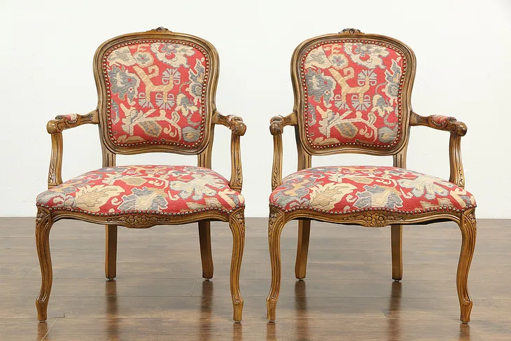 Pair of French Style Carved Vintage Chairs, Recent Upholstery #33732