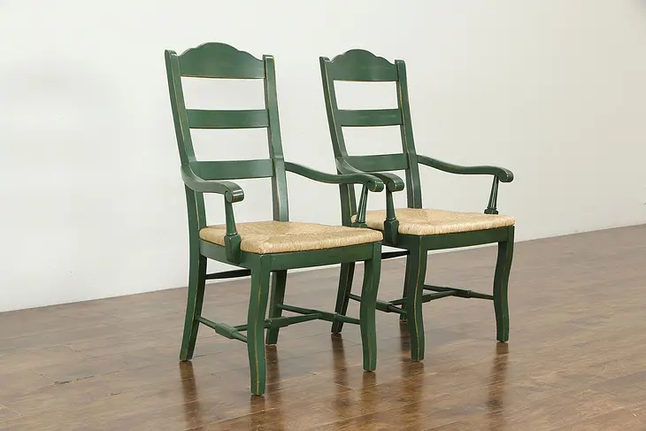 Par of Vintage Farmhouse Carved Painted Country Chairs, Arms, Rush Seats #33758