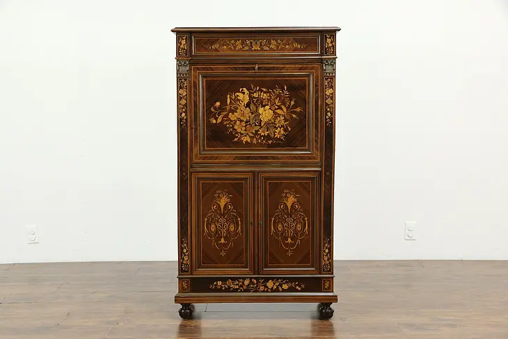 French Rosewood Marquetry Antique Secretary Desk #33846