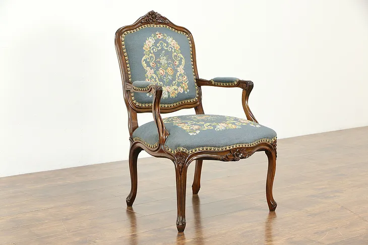 French Style Carved Vintage Chair, Needlepoint & Petit Point Upholstery #33980