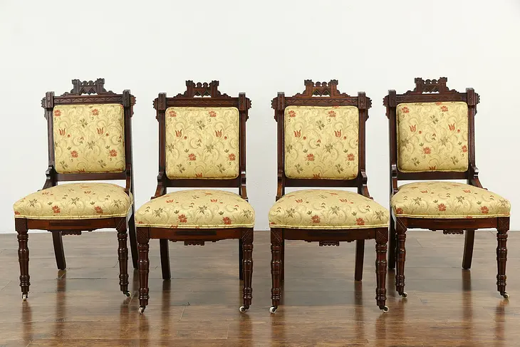 Set of 4 Victorian Eastlake Walnut Dining or Game Chairs #34025