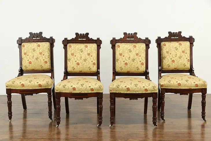 Set of 4 Victorian Eastlake Walnut Dining or Game Chairs #34025