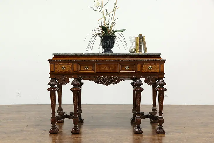 Carved Walnut Antique Hall Console, Server or Sideboard, Marble Top #34137