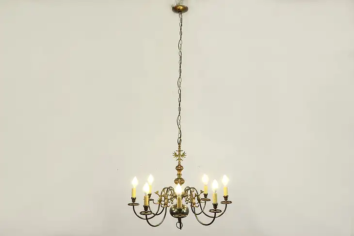 Patinated Dark Brass Vintage 8 Candle Chandelier, Eagle & Fish Mounts #36243