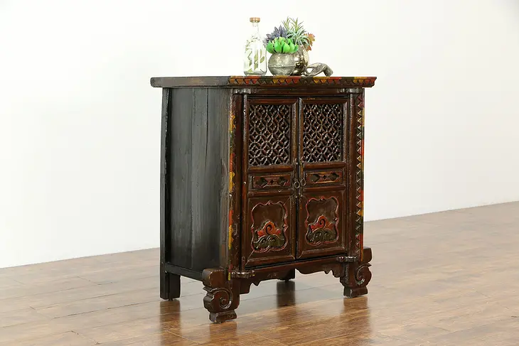 Chinese Hand Painted Ash Antique Cabinet, Carved Feet & Grillwork #33681