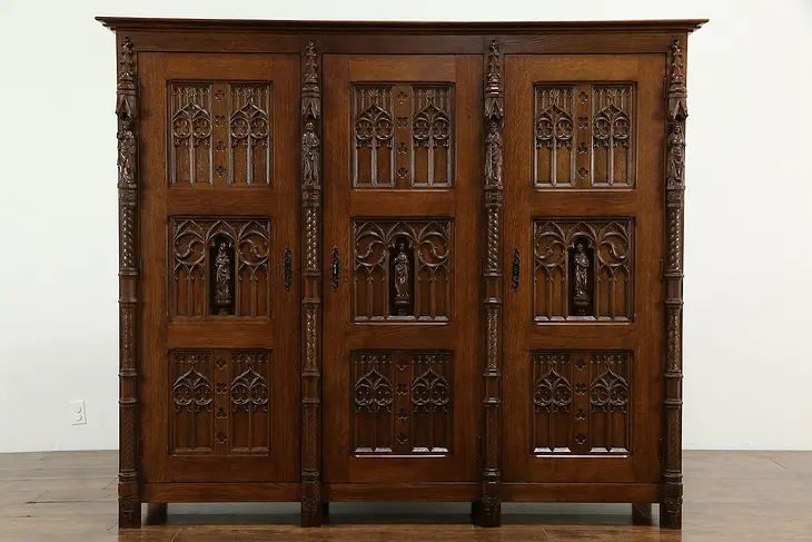 Gothic Design Scandinavian Vintage Carved Oak China or Linen Cabinet #33746
