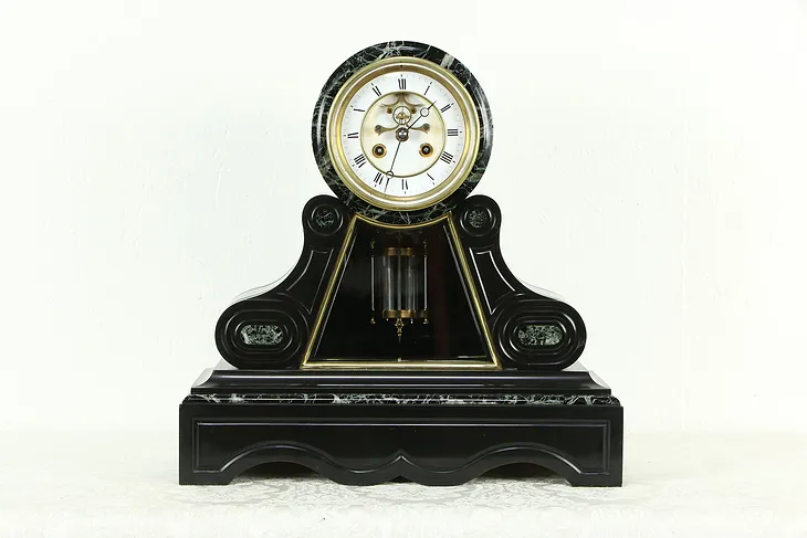 French Slate & Marble Antique Mantle Clock, Open Escapement, Signed Marti #33887