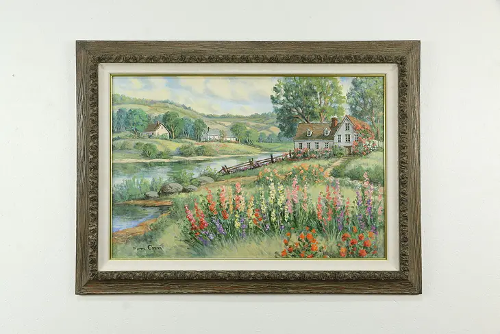 House & River Garden Vintage Original Oil Painting Signed Fiora Cozzi 45" #33800