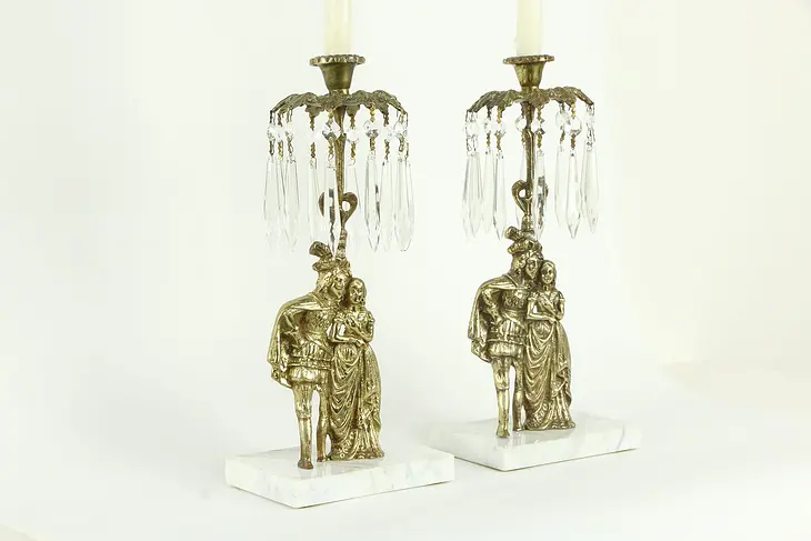 Victorian Pair Antique Brass, Marble & Crystal Candelabra or Candlesticks #34304