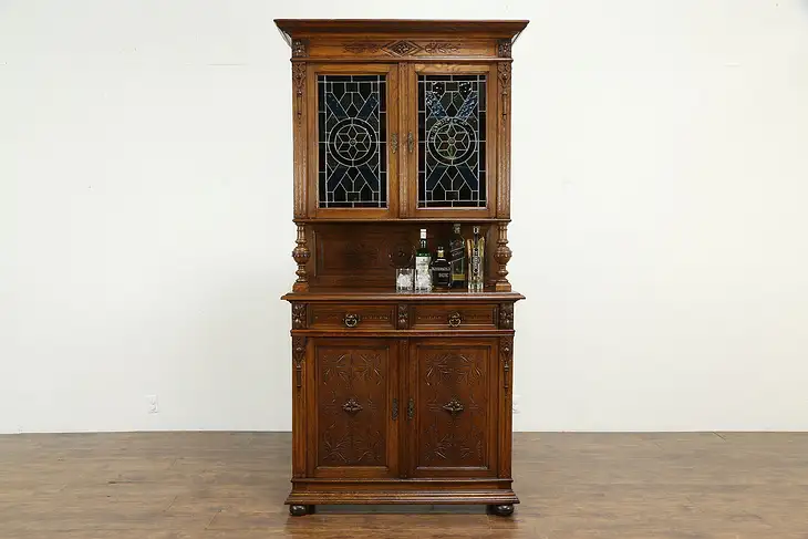 French Antique Carved Oak Sideboard, Bar or Server Cabinet, Stained Glass #34583