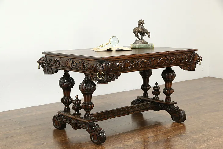 Renaissance Antique Oak Library Table Desk Carved Lion Heads #33739