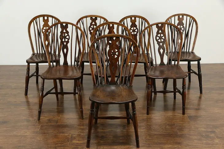 Set of 8 Antique English Carved Elm Windsor Design Dining Chairs  #34353