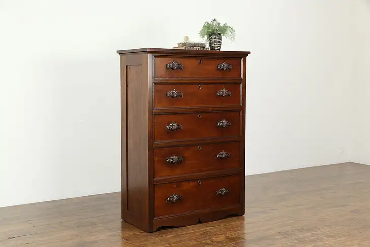 Victorian Antique Walnut Tall Chest or Highboy, Original Carved Pulls #34510