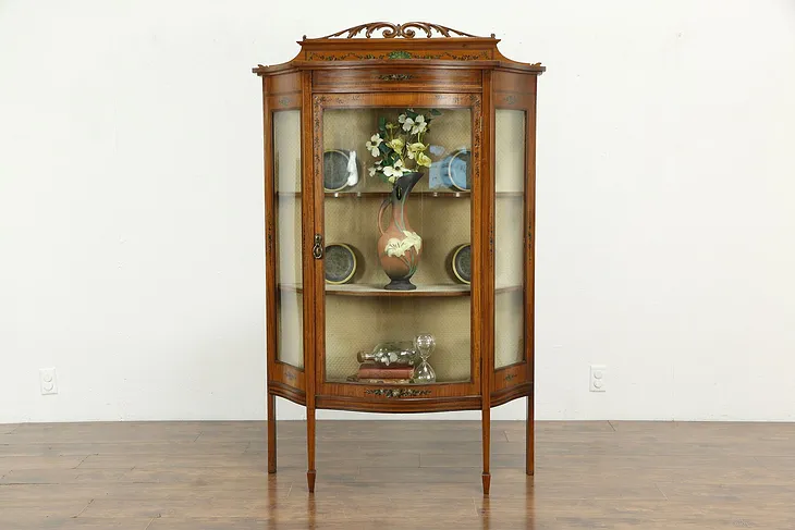 English Antique Edwardian Satinwood Curved Glass Curio or China Cabinet  #34757