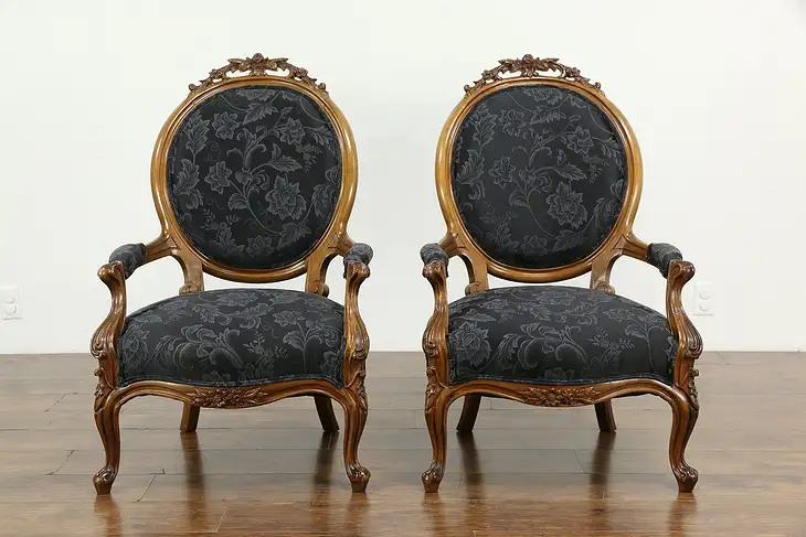 Pair of Victorian Antique 1860's Hand Carved Walnut Chairs  #34850