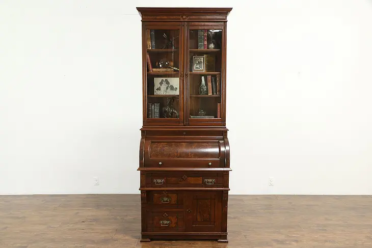 Victorian Eastlake 1885 Antique Walnut Roll Top Secretary Desk & Bookcase #34918