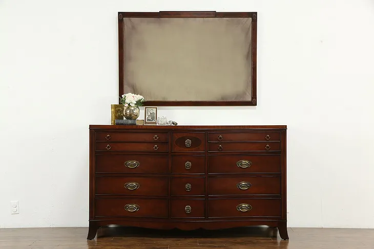 Traditional Mahogany Serpentine 14 Drawer Dresser or Chest, Mirror, White #33565