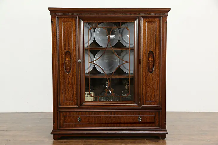 Mahogany & Marquetry Antique Book Case or China Display Cabinet #34775