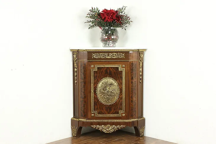 Marble Top Spanish Vintage Burl Corner Cabinet, Bronze Mounts, Soriano #35038