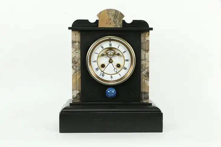 Black Marble French Antique Mantel Clock, Open Escapement #34516