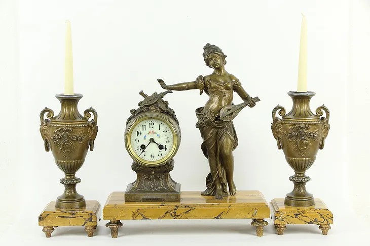 French 3 Pc Antique Marble Mantel Clock Set, Musique by Moreau Sculpture #34729