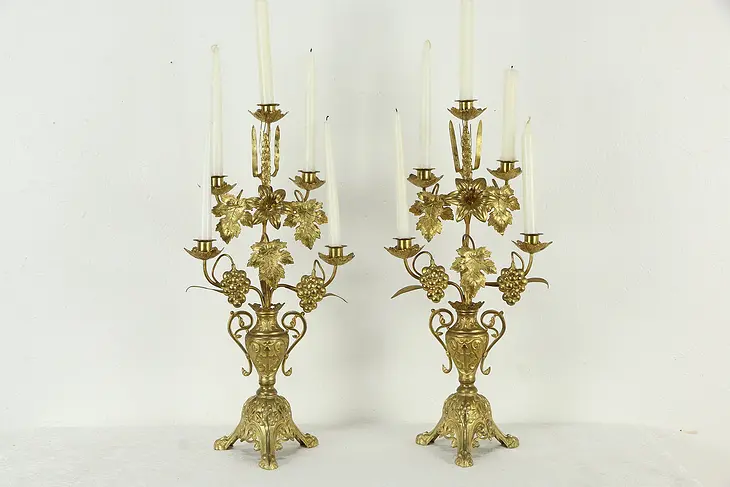 Victorian Pair of Antique Brass Candelabra, Cross & Grape Motifs #35039