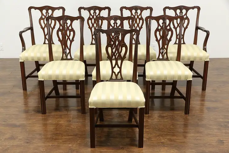 Set of 8 Georgian Chippendale Vintage Mahogany Dining Chairs, New Fabric #35325