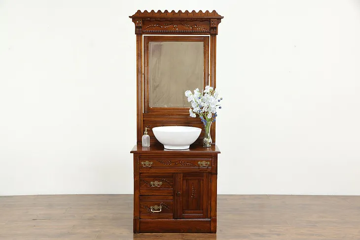 Victorian Eastlake Antique Small Chest or Sink Vanity, Beveled Mirror #33954