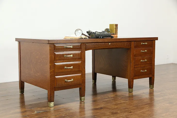 Art & Crafts Mission Oak Antique Craftsman Office Desk, Brass Feet #34966