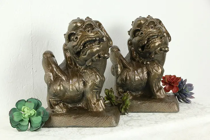 Pair of Stone or Cement Vintage Chinese Temple Lions or Foo Dogs #35228