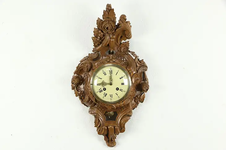 Baroque Swedish Vintage Hand Carved Fruitwood Wall Clock, Hasselblad #34553