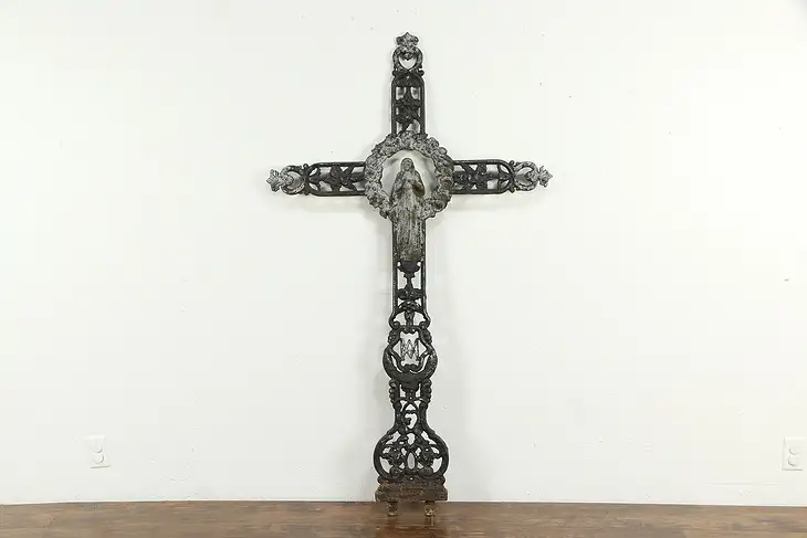 French Antique Cast Iron Filigree Cross with Mary from Shrine  #35073