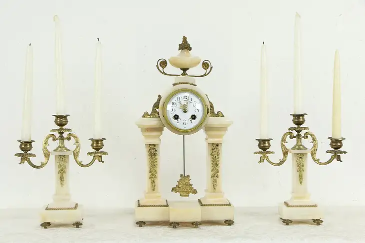 French Antique Onyx & Bronze Mantel Clock & Candelabra 3 Pc Set  #35300