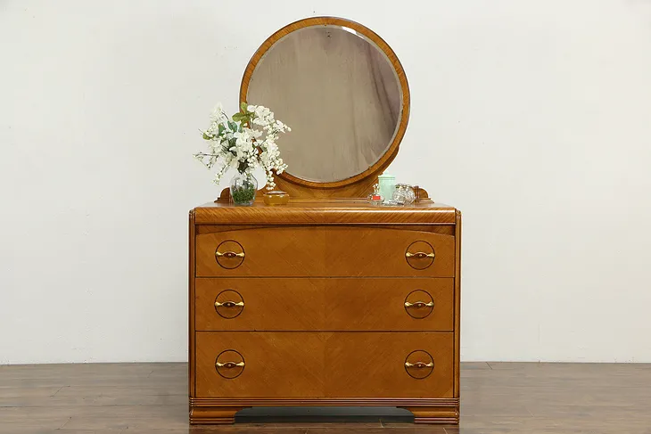 Art Deco Waterfall Design Vintage Chest or Dresser, Beveled Mirror #35656