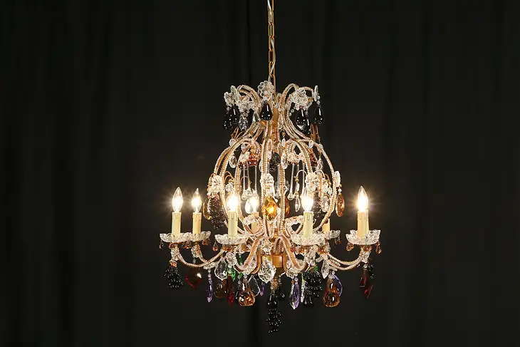 Italian Vintage Glass Fruit & Crystal Prisms 8 Candle Chandelier #35666