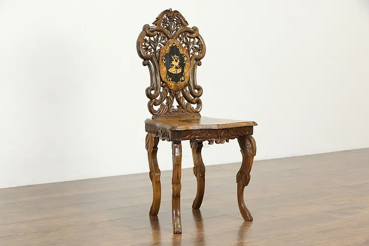 Black Forest Antique Carved Deer Marquetry Chair, Secret Compartment #35598