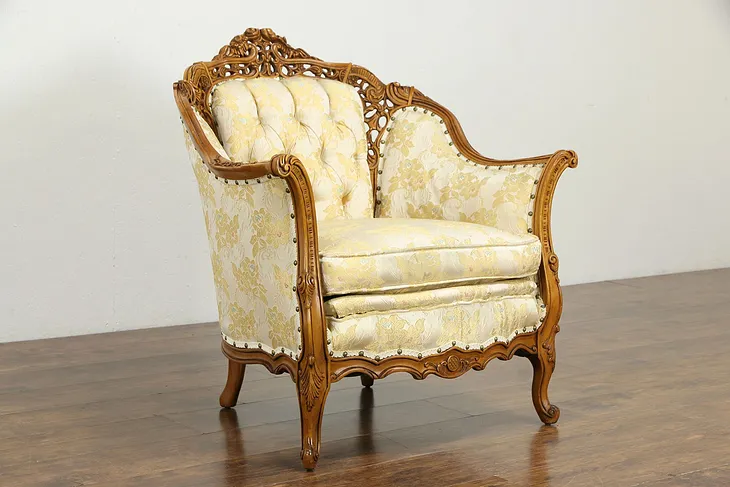 French Style 1940's Vintage Tufted Chair, Carved Vines & Roses #35683