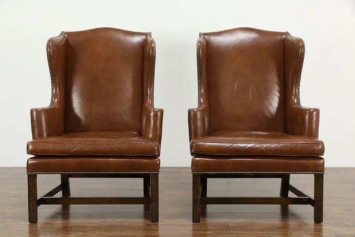 Pair of Leather Wing Chairs, Brass Nailheads, Signed Kittinger 1973 #35716