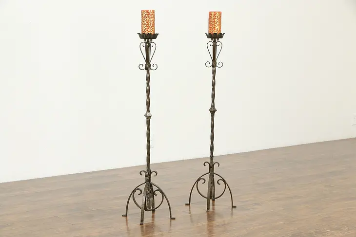Pair of Antique Wrought Iron 41" Tall Candlesticks #35765