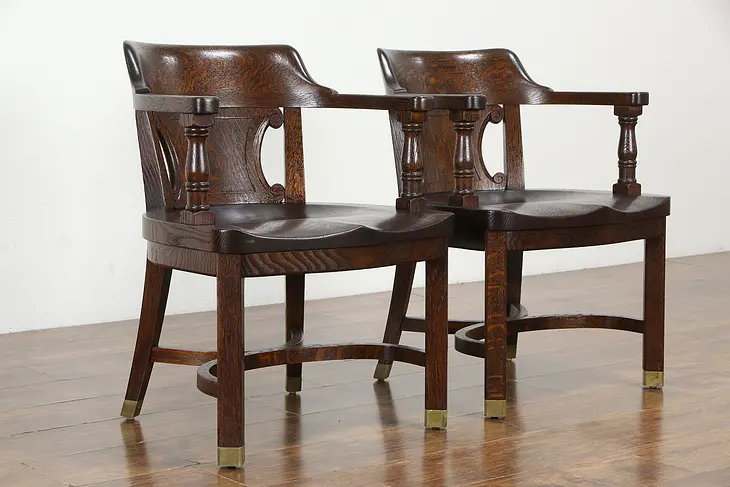 Pair of Oak Quarter Sawn Antique Banker, Office or Library Desk Chairs #35631