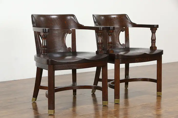 Pair of Oak Quarter Sawn Antique Banker, Office or Library Desk Chairs #35993