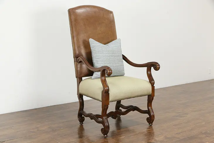 Leather Large Carved Fruitwood Vintage Chair, Ralph Lauren #35995